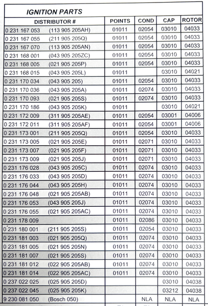 01009 Points For Assorted Bosch VW Distributors, See Chart