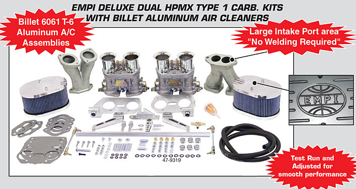 EMPI DELUXE DUAL 40 HPMX T-1 KIT W/ BILLET CLNRS, LG PORTS